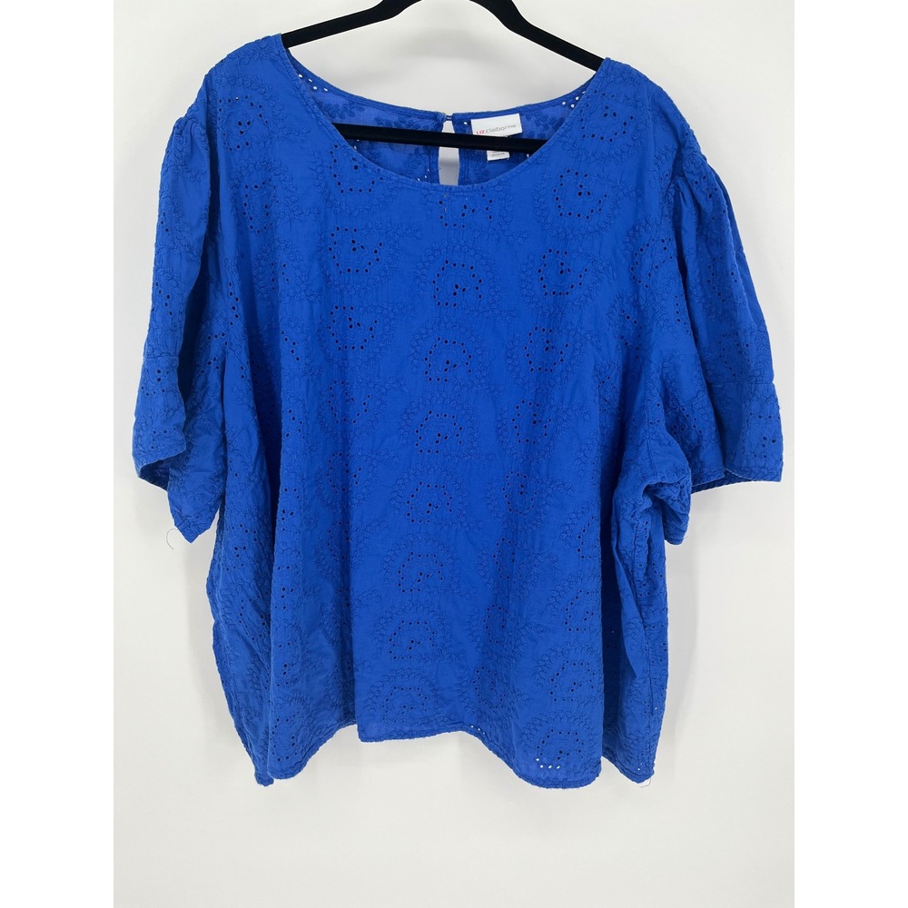 LIZ CLAIBORNE Blouse Women 5X Blue Eyelet Short Sleeve Keyhole cottage boho plus
